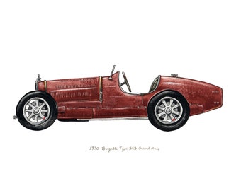 Bugatti Type 35B Grand Prix, vintage automobile watercolor print, 8x10"