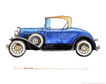 Ford Type-A, vintage automobile watercolor print, 8x10"