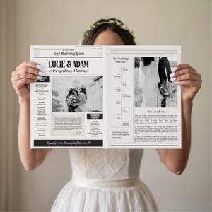 Pode incluir: Um anúncio de casamento em estilo jornal, intitulado "The Wedding Post", com o título "LUCIE & ADAM Are Getting Married!". O anúncio inclui fotos, uma linha do tempo do casamento e o texto "Together is a Beautiful Place to Be."