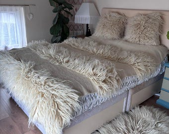 Handmade Wool Blanket | Rustic Cream Throw, Boho Bedding (145x215 cm)