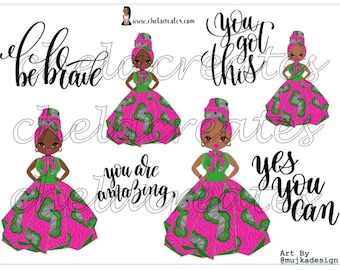 Kente Doll Pink Ankara Digital Sticker with Quotes