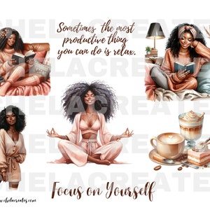 May include: Watercolor illustrations featuring a woman in various relaxing poses. One illustration shows a woman reading, another meditating, and others with coffee and desserts. Text includes "Sometimes the most productive thing you can do is relax" and "Focus on Yourself."