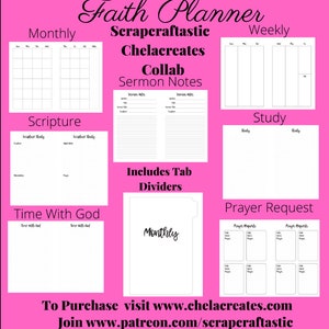 May include: A pink Faith Planner with various sections for monthly, weekly, scripture, study, and prayer notes. Includes tab dividers. The planner features the text "Scrapcraftastic," "Chelacreates," and "Collab Sermon Notes."