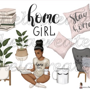 May include: Illustration of a woman sitting on the floor reading a book. She is wearing a light pink shirt with the text "home girl" on it. There are two potted plants, a stack of books, a mug with eyelashes, a gray armchair with a throw blanket, and two pillows with the text "stay home" and "home girl creates".