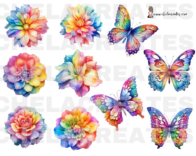 Rainbow flowers butterflies and paper
