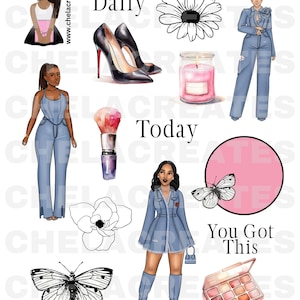 Puede incluir: Un conjunto de pegatinas digitales con ilustraciones de mujeres, flores, mariposas, pinceles de maquillaje y texto que dice "Glam Daily", "Today" y "You Got This".