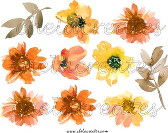 Yellow and Orange water color flowers Printable