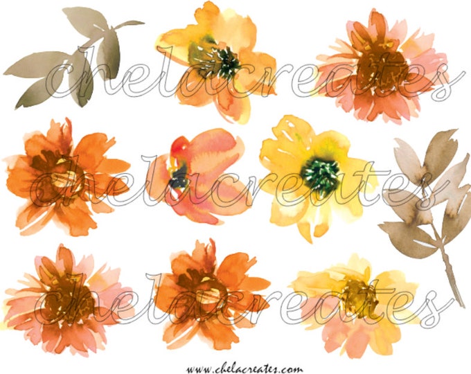 Yellow and Orange water color flowers Printable