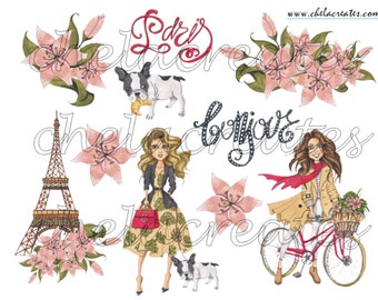 May include: Watercolor illustration featuring Parisian themes. Includes the Eiffel Tower, a bicycle with a basket of flowers, a dog, and the word "Paris" in red script. Pink lilies and stylish women are also depicted.