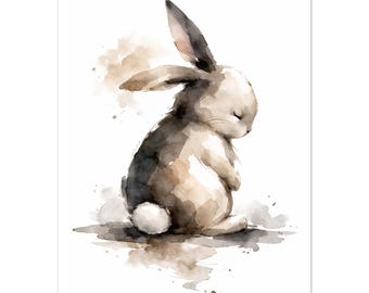Impression aquarelle lapin | Lapin lavable à l'encre | Décoration de chambre d'enfant mignonne | Affiche (sans cadre)