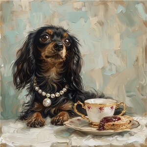 Póster abstracto personalizable de perro salchicha al óleo / Perro tomando el té / Arte mural de perro salchicha / Decoración de invernadero / Regalo único para amantes de los animales