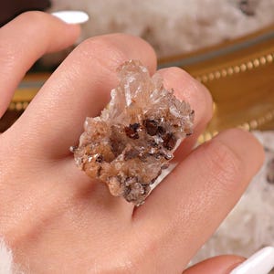 Raw Creedite Ring - Silver Plated Adjustable Large Cluster, Peach Boho Statement Jewelry, OOAK