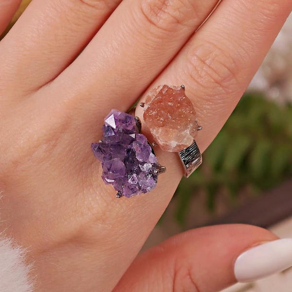 Raw Amethyst&Sunstone Adjustable Ring – Natural Mineral Stone Ring, Handmade One of a Kind Jewelry