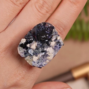 Roher Phantomfluorit-verstellbarer Ring - natürlicher Mineralstein Ring, handgemachter einzigartiger Schmuck-012