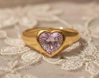 Heart Solitaire Pink Sapphire Engagement Ring, Signet Band