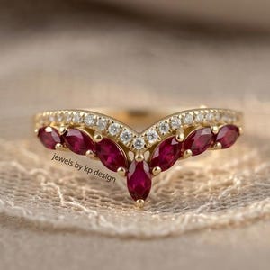 18k Solid Gold Ruby Ring Dainty Stacking Ring Marquise Cut Ruby Band Unique Stackable Ring Half Eternity Ring Gift for Her Moissanite Band