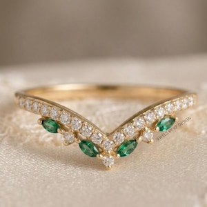 14K Gold Emerald Ring Enhancer, Double Chevron Moissanite Guard, Curved Nesting Band, Ring Jacket Wrap, Vintage Alternative Bridal For Her