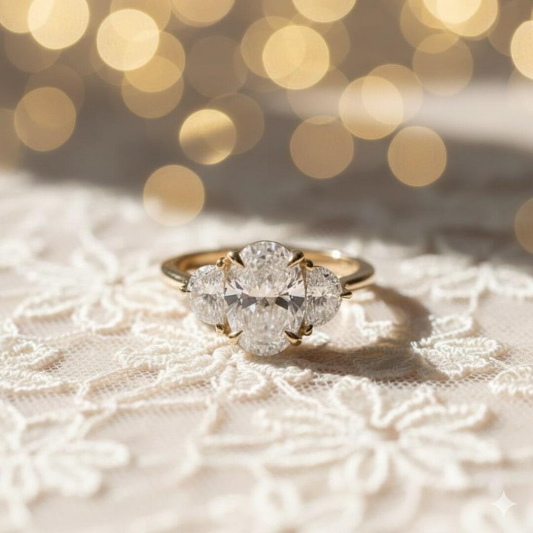 Oval Moissanite Three Stone Engagement Ring, Half Moon Side Stones - Etsy
