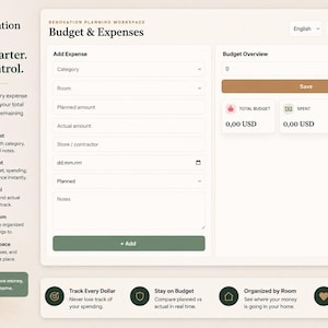Home Renovation Planner App | Digital Remodel Planner | Budget, Expenses, Rooms, Tasks, Before & After, Materials Tracker image 2