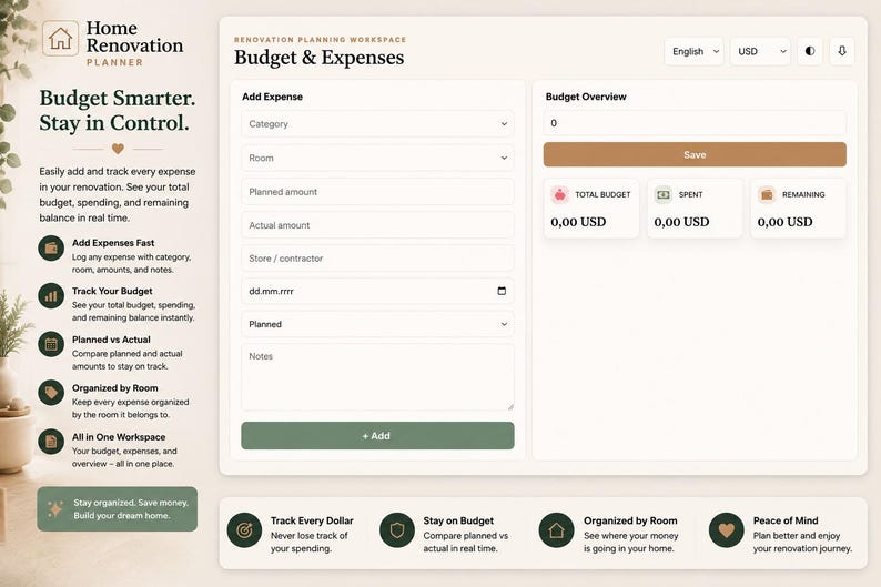 Home Renovation Planner App | Digital Remodel Planner | Budget, Expenses, Rooms, Tasks, Before & After, Materials Tracker image 2