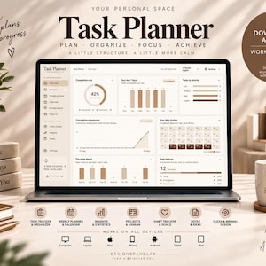 Peut inclure: Un ordinateur portable affichant une interface de planificateur de tâches avec des graphiques, des listes et des barres de progression. L'écran présente le texte Your Personal Space, Task Planner, Plan, Organize, Focus, Achieve et A Little Structure.