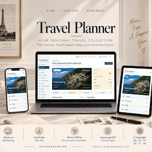 May include: A digital travel planner displayed on a laptop, smartphone, and tablet. The interface features trip organization tools, budget tracking, and itinerary planning. Text includes "Travel Planner," "Your personal travel collection," and "Plan, Explore, Remember."