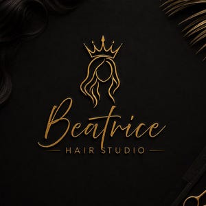 Peut inclure: Un logo doré sur fond noir représentant le contour stylisé d'une personne aux longs cheveux ondulés portant une couronne, avec le texte Beatrice HAIR STUDIO en police cursive et sans-serif, accompagné d'un peigne noir et de ciseaux dorés.