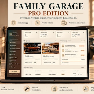 Può includere: Uno schermo di un portatile che mostra l'interfaccia del software di gestione veicoli Family Garage Pro Edition. La dashboard visualizza elenchi di veicoli, promemoria di manutenzione e tracciamento delle spese, con icone per installazione e offline.
