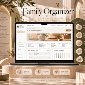 Könnte beinhalten: Ein Laptop mit der Benutzeroberfläche des Family Organizer All-in-One-Familienplaners. Der Bildschirm zeigt ein Dashboard mit Aufgabenabschluss, monatlichem Budget und Wochenplanung. Das Design ist in neutralen Farbtönen gehalten.