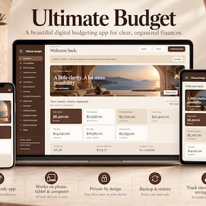 May include: A digital budgeting app interface displayed on a laptop, tablet, and smartphone. The screen shows the Ultimate Budget dashboard with financial data, including total income, expenses, and savings, in a brown and cream color scheme.