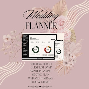 Op de afbeelding: Een digitale trouwplanner weergegeven op een laptop- en smartphonescherm, met budgetgrafieken en navigatiemenu's. De tekst Wedding Planner, Wedding Budget, Guest List, RSVP, Smart Planning, Seating Plan, Wedding Itinerary, Food & Drinks is zichtbaar.