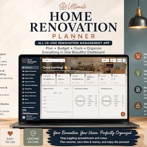Può includere: Un portatile che mostra la dashboard dell'Ultimate Home Renovation Planner. Lo schermo presenta strumenti di gestione progetti, monitoraggio del budget ed elenchi di attività. Il testo include Plan, Budget, Track, Organize e All-in-One.