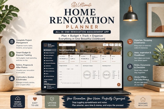 Home Renovation Planner App | Digital Remodel Planner | Budget, Expenses, Rooms, Tasks, Before & After, Materials Tracker