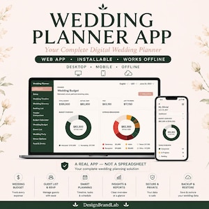 May include: A digital wedding planner app displayed on a laptop and smartphone screen. The interface shows budget dashboards, expense breakdowns, and task lists. The design features dark green sidebars, white backgrounds, and floral illustrations.