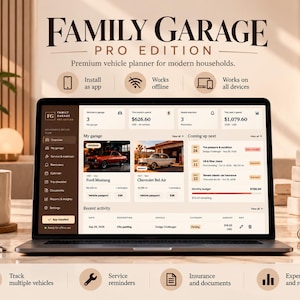 Può includere: Uno schermo di computer portatile che mostra l'interfaccia del software Family Garage Pro Edition, con una dashboard per la gestione dei veicoli, promemoria di manutenzione, monitoraggio delle spese e attività per due automobili.