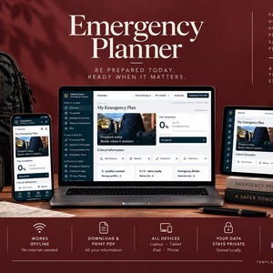 Könnte beinhalten: Eine digitale Emergency Planner-Oberfläche auf einem Laptop, Tablet und Smartphone. Der Bildschirm zeigt ein Dashboard mit dem Titel My Emergency Plan mit Abschnitten für Profile, Haushalt und Vorräte. Daneben stehen Rucksack und Erste-Hilfe-Set.