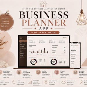 Puede incluir: Un ordenador portátil y un teléfono inteligente muestran un panel de gestión empresarial con gráficos financieros, desgloses de gastos y seguimiento de proyectos. La interfaz incluye etiquetas de texto como Business Planner App, Plan, Track, Grow.