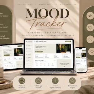 Może przedstawiać: Cyfrowa aplikacja do śledzenia nastroju wyświetlana na laptopie, tablecie i smartfonie. Interfejs zawiera tekst, w tym Mood Tracker, A little more in tune oraz Your feelings deserve a little space, wraz z ikonami codziennych nawyków.