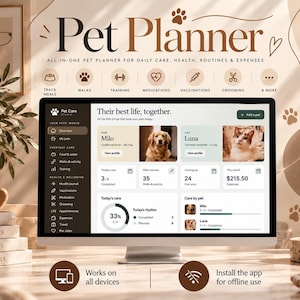 May include: A computer monitor displays a Pet Planner software interface with sections for pet health, daily routines, and expenses. The screen shows profiles for a dog named Milo and a cat named Luna, alongside activity trackers, health logs, and financial summaries.