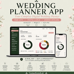 May include: A digital wedding planner app displayed on a laptop and smartphone screen, featuring budget tracking, pie charts, and task lists. The interface includes text labels like Wedding Planner, Wedding Budget, and a dashboard with financial data.