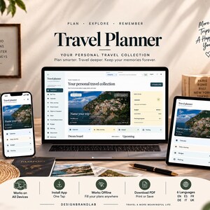 Może przedstawiać: Cyfrowy planer podróży wyświetlany na laptopie, tablecie i smartfonie. Interfejs zawiera tekst Travel Planner, Your personal travel collection oraz Plan smarter. Travel deeper. Keep your memories forever. Ikony wskazują kompatybilność urządzeń, dostęp offline, pobieranie plików PDF i opcje językowe.