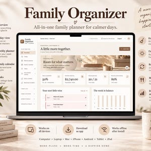 Könnte beinhalten: Ein digitaler Familienplaner auf einem Laptop-Bildschirm mit einem Dashboard für Aufgaben, monatliche Ausgaben, Mahlzeiten und Routinen. Die Benutzeroberfläche enthält Navigationsoptionen für Wochenplaner, Kalender und die Verwaltung von Haushaltsaufgaben.