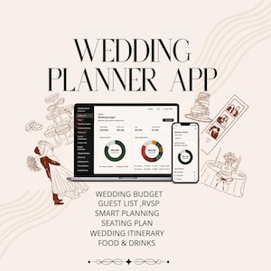 Può includere: Interfaccia di un'app per l'organizzazione di matrimoni su laptop e smartphone, circondata da illustrazioni a linee di una coppia, una torta nuziale e tavoli, con il testo: WEDDING PLANNER APP, WEDDING BUDGET, GUEST LIST, RVSP, SMART PLANNING, SEATING PLAN, WEDDING ITINERARY, FOOD & DRINKS.