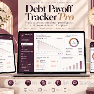 Może przedstawiać: Cyfrowy interfejs Debt Payoff Tracker Pro wyświetlany na laptopie, tablecie i smartfonie. Ekrany prezentują dane finansowe, w tym wykres liniowy spłaty zadłużenia, wykresy sald oraz harmonogramy płatności w kolorystyce ciemnego fioletu i bieli.
