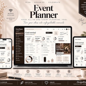 Może przedstawiać: Cyfrowy interfejs oprogramowania do planowania wydarzeń wyświetlany na laptopie, tablecie i smartfonie. Pulpit nawigacyjny zawiera tekst, w tym Event Planner, Good morning oraz różne wskaźniki planowania, budżetu i postępu zadań.