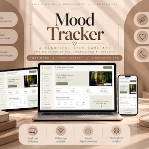 Może przedstawiać: Cyfrowa aplikacja do śledzenia nastroju wyświetlana na laptopie, tablecie i smartfonie. Interfejs zawiera tekst, w tym Mood Tracker, A beautiful self-care app i Daily check-ins. Projekt wykorzystuje neutralną beżową paletę barw.