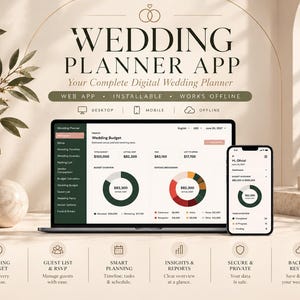 Digitale trouwplanner-app | Trouwbudget, gastenlijst, tijdschema en RSVP | Installeerbare webapp | Werkt offline