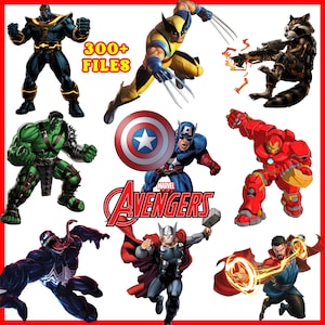 May include: A collection of digital illustrations featuring various Marvel Avengers characters. The image includes Thanos, Wolverine, Hulk, Captain America, Iron Man, Venom, Thor, Doctor Strange, and Rocket Raccoon. The text "300+ FILES" and the Avengers logo are also present.