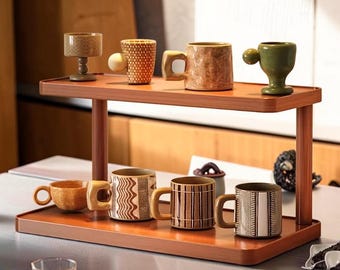 2 Tier Wooden Spice Rack, Coffee Station Organizer, Rustic Kitchen Shelf