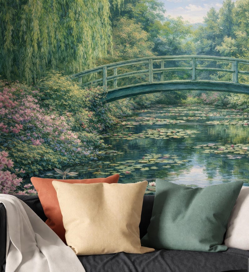 Garden Landscape Wallpaper Murals, Green Nature Wallpaper with Romantic Water Lily Pond, Scenic Mural Peel and Stick and Traditional image 5